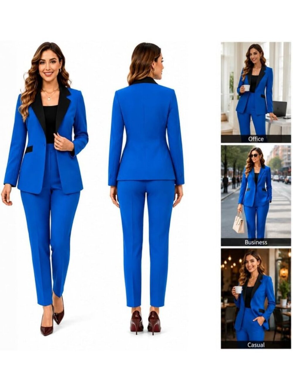 Chic Women's Blazer & High Waisted Straight Leg Pants Set - Dressy Casual Outfit - Picture 3 of 7